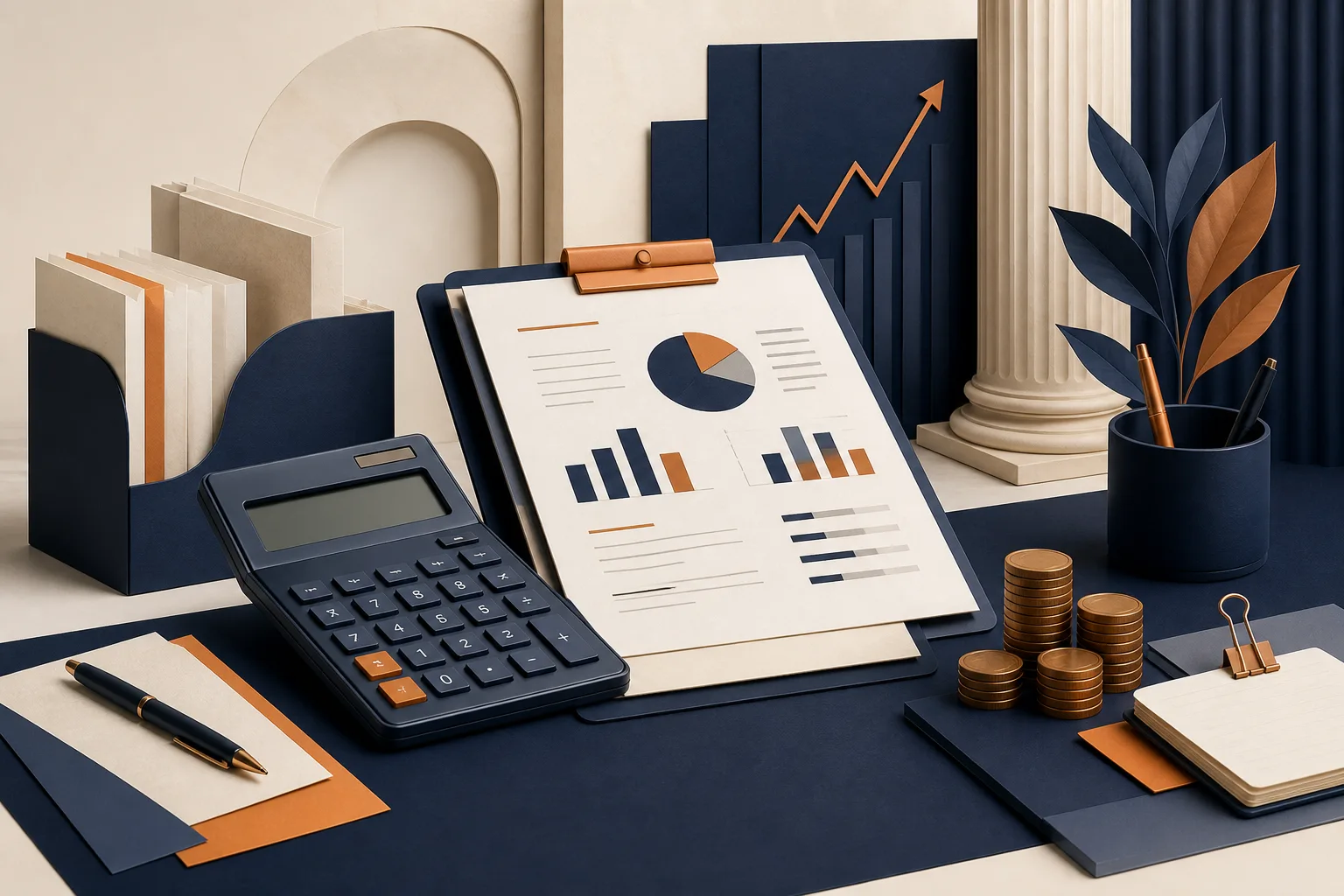 Federal tax planning documents, calculator, financial summary, and coins